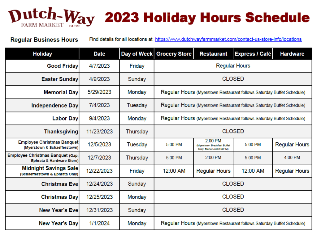 Holiday Hours | Dutch-Way Farm Market